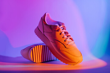 Fashion  sneakers on vivid abstract background. Sport shoes in neon light. Violet and orange...