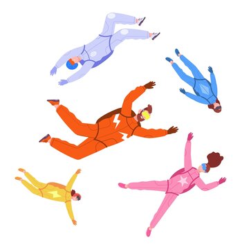 Fall skydiver. Extreme jumping skydiver, fly paragliding free falling down professional active jumper out sky, jump parachute extremely risk exercises, splendid vector illustration