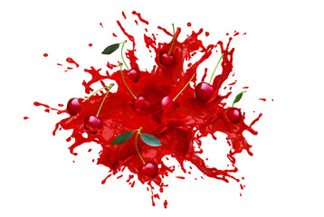 Collection of fresh Cherry with splashing juice on white background. Selective focus