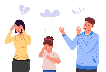 Parental divorce. Parents conflict, family quarrel between husband and wife, couples marriage problems, cry kid daughter sad mother angry father, vector illustration