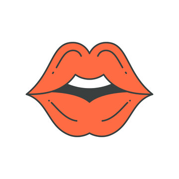 recommend clip art: Open sexy female mouth red lips with white teeth pop art t shirt decorative design vector cartoon