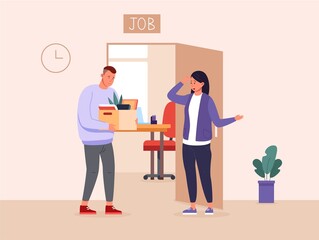 Woman boss dismisses employee. Businesswoman pointing resign fired worker, business work mistakes jobless bad employees, quit office job unemployed fired staff, vector illustration