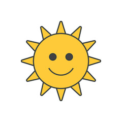 Cute funny yellow sun smiling character with bright beams pop art t shirt print vector cartoon