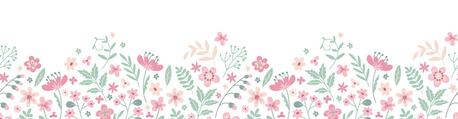 Fototapeta premium Floral border seamless pattern. Cute horizontal banner with hand drawn spring flowers. Vector illustration on white background