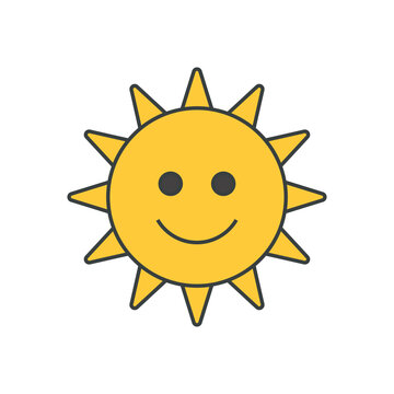 Cute funny yellow sun smiling character with bright beams pop art t shirt print vector cartoon