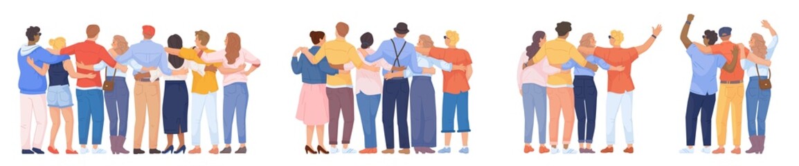 Obraz premium Teamback friends. Vistas behind teamwork group, stand people back unity friends or partners hugging family together support friendship diverse team gang, swanky vector illustration