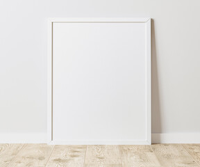 Blank Vertical white frame on wooden floor with white wall, 4:5 ratio - 40x50 cm, 16 x 20 inches, poster frame mock up, 3d rendering - obrazy, fototapety, plakaty