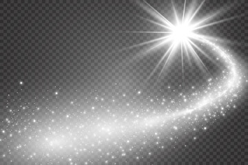 Comet on a transparent background. Bright Star. Starry beautiful path. Shooting star. Comet tail. Meteor flies. Space object.