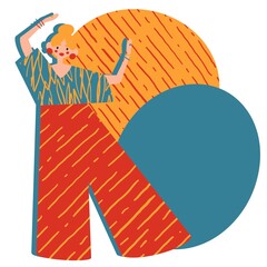 Raster illustration with the image of a girl in a T-shirt and trousers against the background of two circles to insert text. The country soft elegant girl for collage, design, websites, art