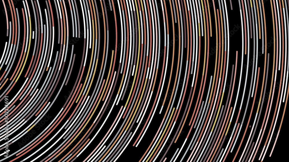 Poster beautiful abstract animation of multicolored neon lines rotating in a circle on the black background