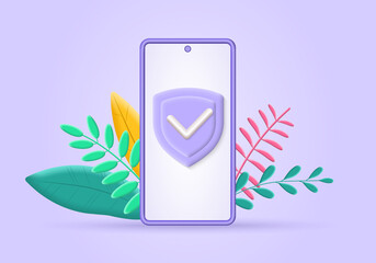 Phone with shield 3d icon. Mobile security concept. Privacy, secure, safe sign. Smartphone data protection design. Vector illustration.