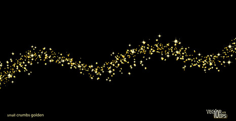 Chaotic wavy strip sprinkled with crumbs golden shiny texture. Gold glitter dust on black. Jewelry confetti. Vector.