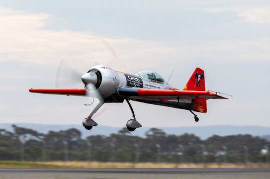 Avalon, Australia - February 27, 2015: Lithuanian aerobatic pilot Jurgis Kairys flying his Juka, an aerobatics aircraft he designed and built himself.