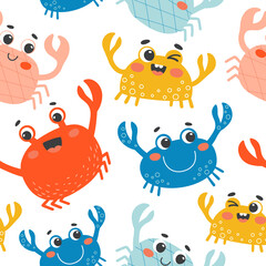 Seamless vector pattern with colored crabs. Design for children's clothing, wallpaper, wrapping paper, web page background, textile.