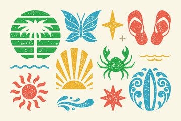 Summer symbols and objects set vector illustration. Summer sandals with sea crab and rising sun