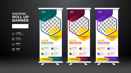 Modern and creative school admission Roll Up Banner template - obrazy, fototapety, plakaty