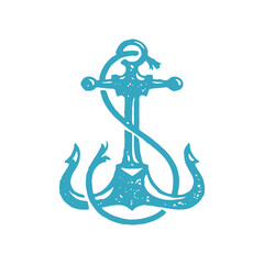 Vintage sharp nautical anchor with rope for ship safety parking blue grunge texture vector