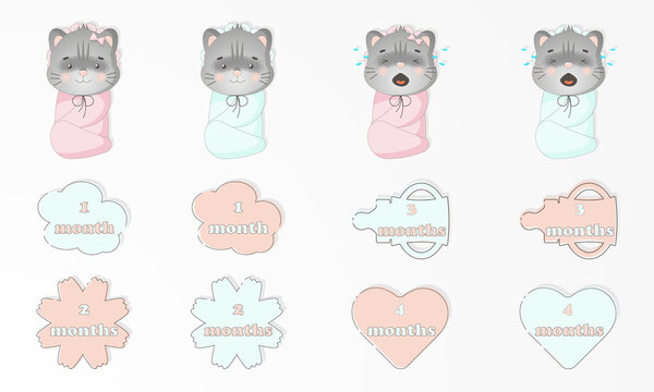 set of baby animals. From one to four months little baby kitten. Cute baby monthly stickers. For girl and boy