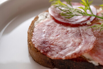 closeup sandwich with dried sausage, brown bread, butter