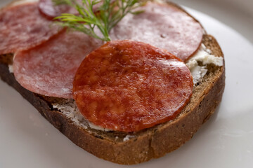 closeup sandwich with dried sausage, brown bread, butter