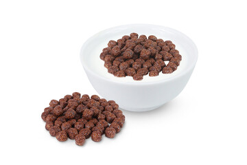 Chocolate corn flakes in milk isolated on white background. Chocolate corn flakes and milk in white bowl