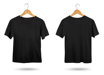 Blank black T-shirt mock up with coat hanger isolated on white background. Front and back view. - obrazy, fototapety, plakaty