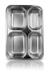 Top view stainless steel food tub or food lunch box with four separated pit for food. Isolated on white background.