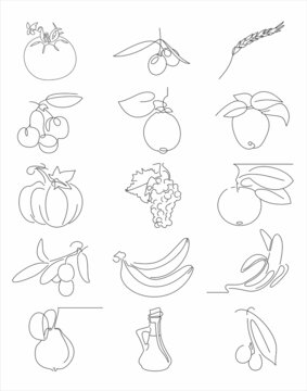 Set of flat fruits and vegetables icons drawing with black lines on white background