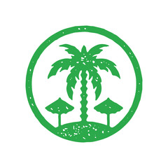 Romantic tropical circle frame logo with palm tree island and two sunbathing umbrella grunge texture