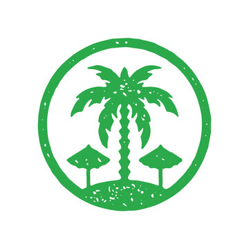 Romantic tropical circle frame logo with palm tree island and two sunbathing umbrella grunge texture