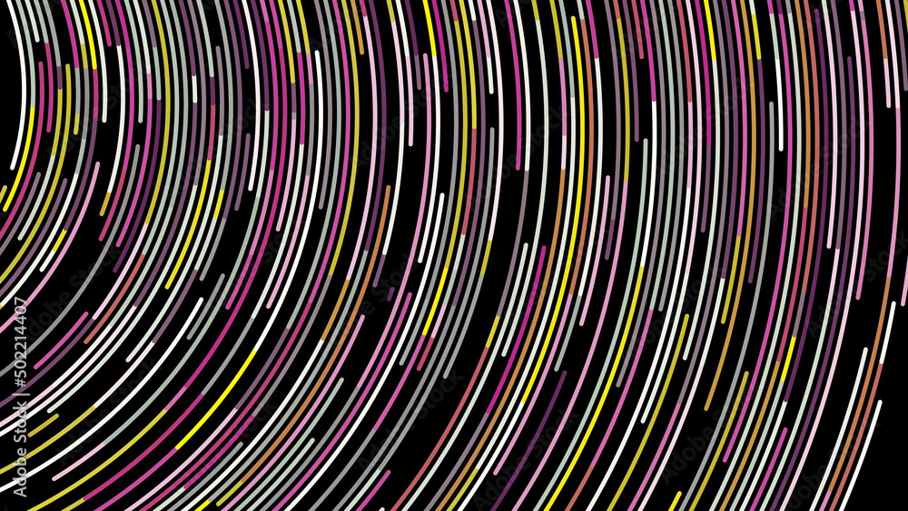 Poster beautiful abstract animation of multicolored neon lines rotating in a circle on the black background