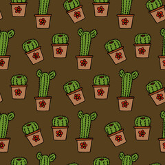 Seamless pattern with doodle сacti in flower pots on brown background. Doodle style. Vector image.