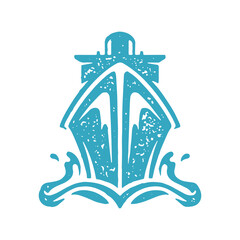 Hand drawn passenger cruise ship cargo vessel floating at sea waves front view blue grunge texture © provectors