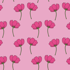 Seamless pattern with flowers of cosmea on light pink background. Doodle style. Vector image.