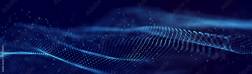 Poster Digital technology. Futuristic background of glowing particles in motion. Large amount of data. 3D rendering.