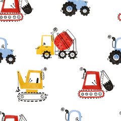 Watercolor hand-drawn seamless children simple pattern with cars. Kids seamless pattern with building equipment. Funny construction transport. Kids texture for fabric. Scandinavian. Boho. Charcoal.
