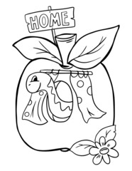 Coloring page for kids. Fantasy line art picture with worm and apple on white background for print design. 