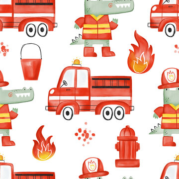 Watercolor hand-drawn seamless childish pattern with cute firetrucks, flame and crocodile fireman. Red cartoon car. Kids texture for fabric, wrapping, textile, wallpaper, apparel. Scandinavian. Boho.
