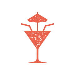 Romantic couple cocktail in goblet with two straw umbrella hand drawn decorative red grunge texture