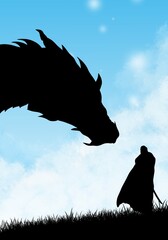The knight and the dragon. Fantasy silhouette art