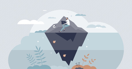 Dark web, deep and visible websites content proportions tiny person concept. Internet iceberg as hidden, invisible and under surface information without search engine indexing vector illustration.