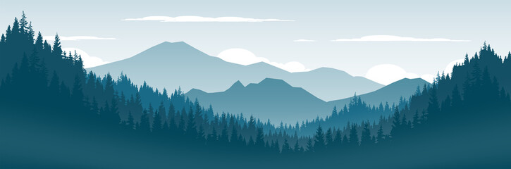 Vector illustration of a natural forest background. The landscape of mountains and pine forests at sunset.