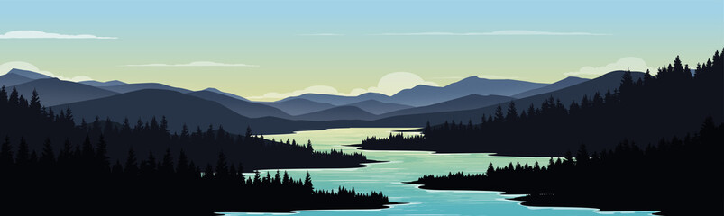 Vector illustration of a natural forest background. Landscape of a lake with mountains at sunset.