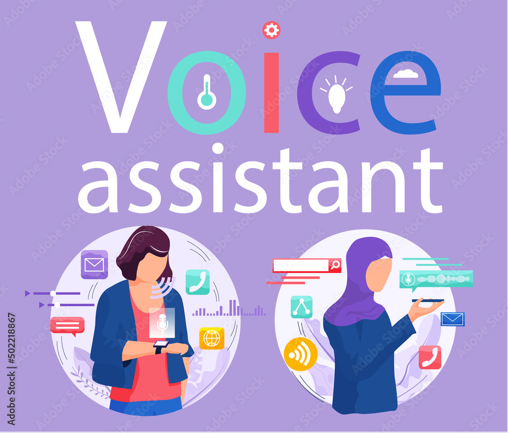 Poster voice assistant. smart speaker virtual assistant, sound robot, people using voice controlled smart s