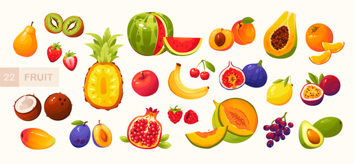 Fruits and berries vector illustration in cartoon style.
Apple, pear, pineapple, strawberry, cherry, banana, coconut, lemon, pomegranate, melon,
avocado and other fruits. Juicy summer fruits. Vector
