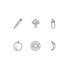 Outline symbol in modern flat style suitable for advertisement, books, stores. Line icon set with icons of carrot, beetroot, eggplant, plum, orange, Chili pepper