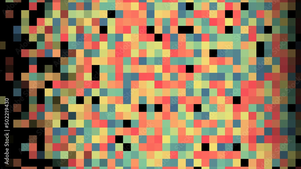 Poster abstract animation of multicolored pixel spot moving horizontally n the black background. animation.