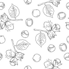 Hand drawn seamless pattern with shelled and whole hazelnuts. For backgrounds, packaging, ads, interiors, labels and other designs.