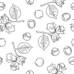 Hand drawn seamless pattern with shelled and whole hazelnuts. For backgrounds, packaging, ads, interiors, labels and other designs.