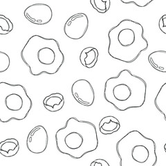 Hand draw seamless chicken scrambled egg pattern. Continuous line illustartion